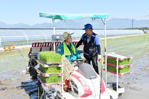 담양군, ‘대숲맑은 조기햅쌀’ 올해 첫 모내기_사진왼쪽 정철원 군수/담양군 제공