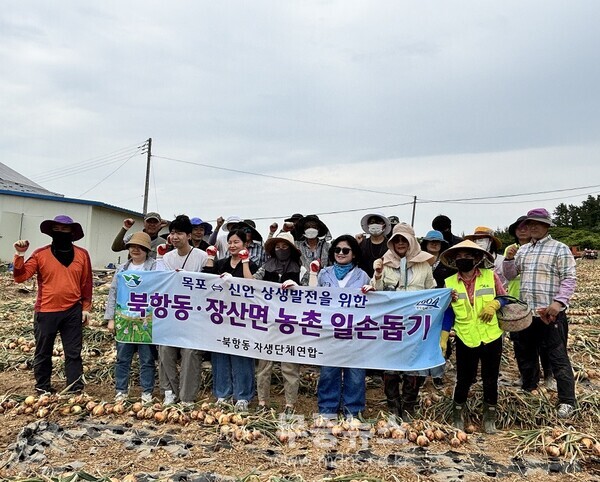 지난 10일, 장산면사무소, 북항동사무소, 북항동주민자치위원회 등 ‘농촌 일손돕기’를 실시했다./신안군 제공