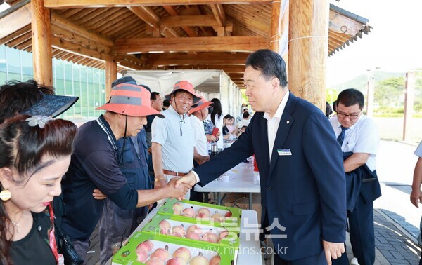 제15회 화순 명품 복숭아 축제 판매장에서 구복규 화순군수가 농업인을 격려하고 있다./화순군 제공