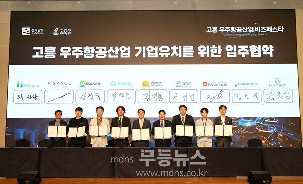 공영민 고흥군수(왼쪽 6번째)가 지난 22일 경기도 소노캄 고양에서 열린 ‘2025 고흥 우주항공산업 비즈페스타’에서 우주·항공(드론, UAM) 관련 20개 기업과 입주협약/고흥군 제공