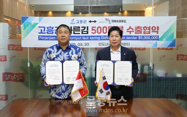 고흥군, 전국 군 단위 지자체 중 올해 ‘농수산물 수출 1위’ 달성! (2) - 지나 3월 20일 고흥군과 인도네시아 자바슈퍼푸드사 고흥 농수산물 500만 달러 수출협약 체결( 왼쪽부터 인도네시아 자바슈퍼푸드사 필립배 대표, 공영민 고흥군수)/고흥군 제공
