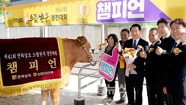 김영록 전라남도지사가 6일 순천광양축협 가축시장에서 열린 ‘2025년 전라남도 으뜸한우 경진대회’에서 종합챔피언 등 으뜸한우 수상자를 축하하고 있다.